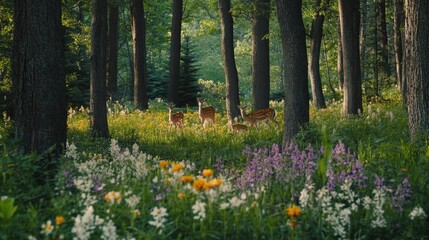 Obraz premium Enchanted Forest: Deer Family Amidst Blooming Wildflowers