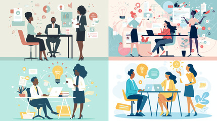 Fototapeta premium Brainstorming Session Quartet: Illustrative images depicting collaborative business scenarios, fostering creativity and strategic planning, teamwork in progress, idea generation.
