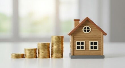 Toy house and stacks of coins on a white surface against a blurred background.