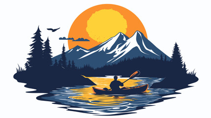 Vector Illustration for t-shirt of A kaykaker on wild river in mountain landscape, , isolated on white background, colorful illustrations, simple shapes, flat color. Outdoor adventure in wilderness. A