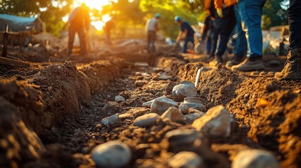 Construction site with workers digging a trench