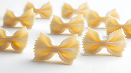 A perfectly organized arrangement of farfalle pasta, each piece showing its signature bowtie shape, displayed elegantly against a soft white backdrop.