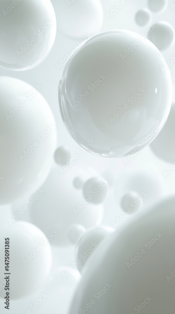 Poster abstract composition of floating white spheres in minimalist style with soft lighting and depth of f