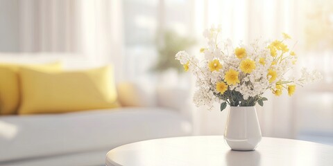 Sunny living room with yellow and white flowers in a vase on a table