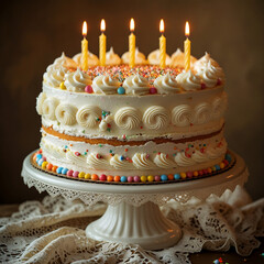 Deliciously decorated birthday cake with candles on a lace stand.