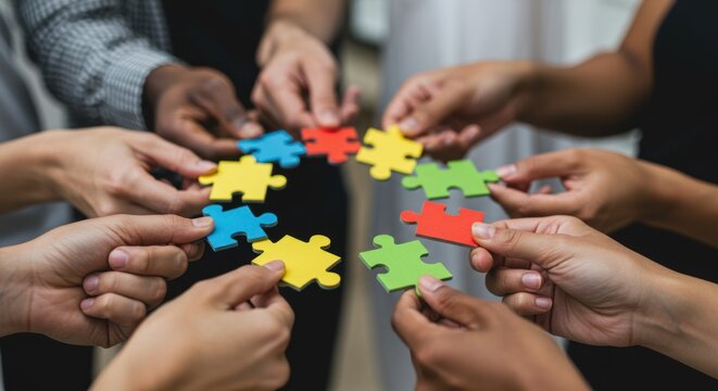 Diverse hands holding colorful puzzle pieces forming a circle teamwork concept.