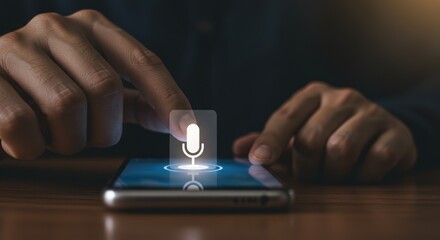Hands using smartphone with microphone icon suggesting voice control or recording.