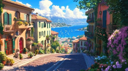 Mediterranean Coastal Town: A Picturesque Hillside Village Overlooking the Azure Sea