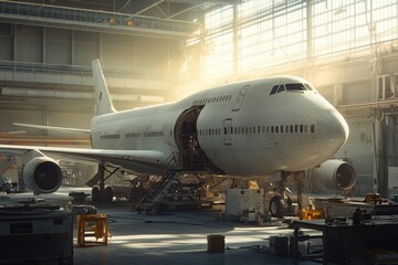 Obraz premium Large white airplane in a hangar undergoing maintenance. Sunlight streams into the spacious hangar, 