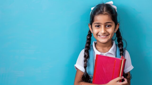 An Indian young schoolgirl is holding two books and smiling on blue background