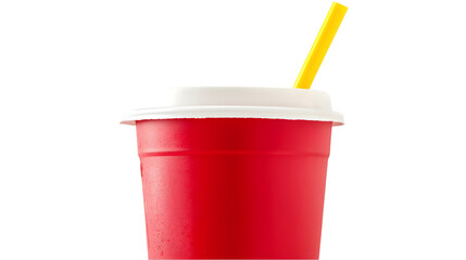 Red cup with yellow straw and white lid on white background
