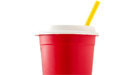 Red cup with yellow straw and white lid on white background
