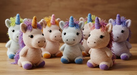 Multiple small unicorn plush toys with colorful manes and horns on wood surface.