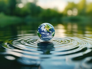 A miniature Earth floats serenely on calm water, surrounded by lush greenery, reflecting tranquility and environmental harmony