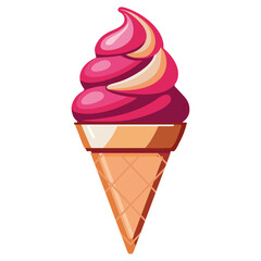 Vector illustration of soft serve ice cream in a waffle cone. Swirled pink and cream dessert with glossy highlights. Isolated on white background. Perfect for menu, packaging, and summer design.
