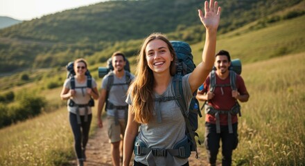Group of hikers with backpacks on a trail in a hilly landscape.