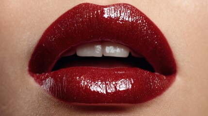 Fototapeta premium Close-up of Woman's Lips with Glossy Red Lipstick Applying Makeup for Beauty and Fashion Editorial Shot