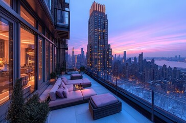 Obraz premium Luxury Rooftop Terrace, Cityscape Sunset, Manhattan, Relaxation