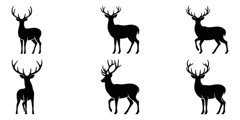 set of deer silhouettes, Set of silhouettes male and female red deer in different poses. Noble deer Cervus elaphus. Wild vector animal, Deer silhouette set. Deer black and white silhouette set.