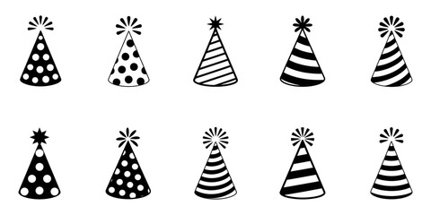 Holiday Party Hats Icon on Black and White Vector Backgrounds, Modern Party Hat Silhouettes Vector Template, Wizard Hat Icon on Checkerboard Transparent Background, Wizard Hat Icon on  Black Button.