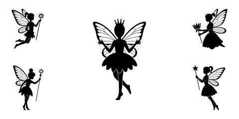 Fairy Silhouette Vector white background, Cute Fairy art. Beautiful Fairies silhouette collection, Little fairies set. Hand drawn vector illustration, Whimsical Fairy Silhouette Collection Vector.