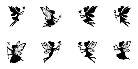 Fairy Silhouette Vector white background, Cute Fairy art. Beautiful Fairies silhouette collection, Little fairies set. Hand drawn vector illustration, Whimsical Fairy Silhouette Collection Vector.