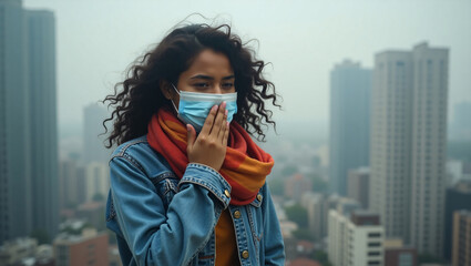 A woman wearing a mask with cityscape in the background, indicating concerns about air quality or environmental issues. The woman is showing signs of discomfort, possibly due to the air