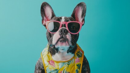 Obraz premium French Bulldog in Pink Sunglasses and Floral Vest