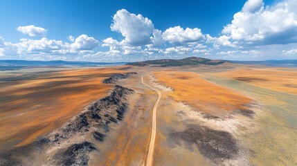 High-altitude panorama of a scenic, dusty road through a colorful landscape.