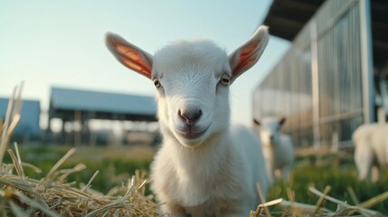 Fototapeta premium A state-of-the-art goat and sheep farm, featuring high-tech monitoring systems, efficient feeding stations, and healthy livestock,