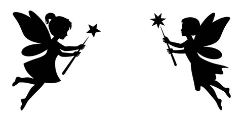 Fairy Silhouette Vector white background, Cute Fairy art. Beautiful Fairies silhouette collection, Little fairies set. Hand drawn vector illustration, Whimsical Fairy Silhouette Collection Vector.