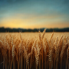 Naklejka premium A peaceful field of wheat swaying in the breeze under a soft evening glow