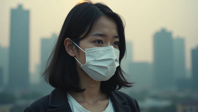 A concerned woman wearing a protective face mask stands against a backdrop of a city skyline