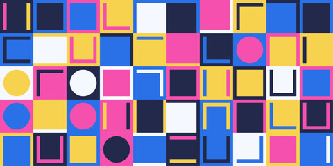 Colorful geometric composition arranged in a checkerboard layout. Includes squares, circles, and lines for a playful and abstract visual design.