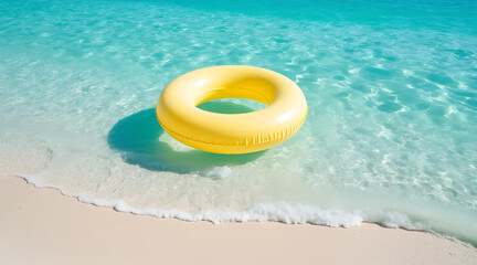 Obraz premium Bright Yellow Inflatable Ring Floating on Crystal-Clear Turquoise Water near Sandy Shore.