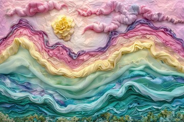Colorful fabric art forms a dreamy landscape with pastel hills, textured clouds, and a yellow flower sun, creating a whimsical, artistic scene.