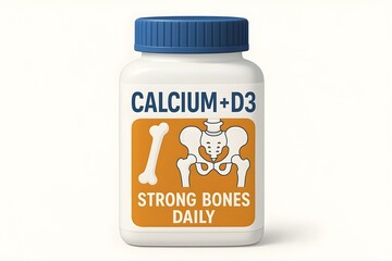A dietary supplement bottle labeled Calcium + D3 promoting strong bones for daily use. Concept Calcium Benefits, Vitamin D3 Importance, Stronger Bones, Daily Health Supplement, Nutritional Support