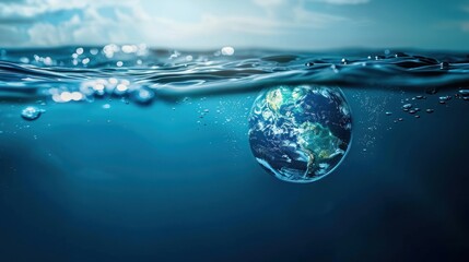 Illustration crystal blue earth globe floating on the deep sea water. Generate AI