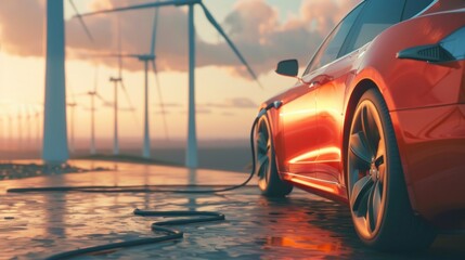 Red electric car on charging station against wind turbine windmills background. Generated AI image
