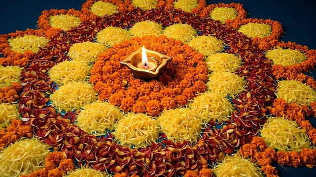 Onam pookalam design kerala flower arrangement floral rangoli diwali decoration hindu festival celebration