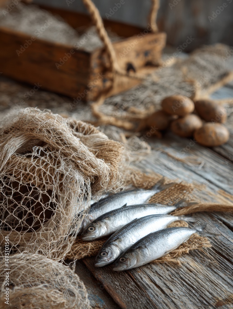 Aufkleber rustic netting with freshly caught fish arranged on weathered wooden surface at a coastal location d