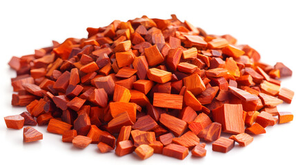 A pile of whole sandalwood chips with rich orange-brown colors arranged on a white background, showcasing their texture and aromatic properties.
