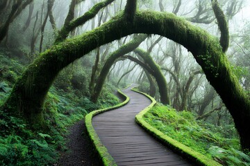Misty forest pathway with lush arches and serene greenery