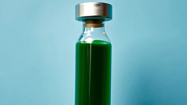 On a blue background, a clear test tube is filled with a bright green liquid, illustrating the wonders of experiments. It emphasizes the excitement of discoveries in the laboratory.