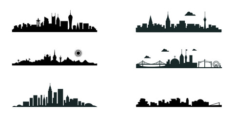 Fototapeta premium City silhouette skyline collection. Set of black city silhouette. Night town skyline icons, City skylines, Highly Detailed Skylines (Complete, Moveable Buildings), city skyline set line art silhouette