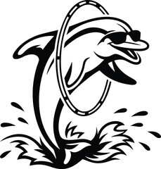 Cute dolphin jumping through a hoop while wearing sunglasses silhouette vector art, dolphin jumping through a hoop while wearing sunglasses line art vector illustration design