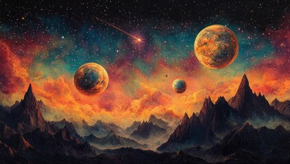 Mystical cosmic landscape view with planets and mountains