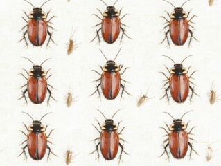 Repeating pattern of brown beetles and silverfish on white background overhead studio shot close up