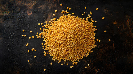 A pile of whole wheat grains in gold-yellow scattered across a dark surface, showcasing their vibrant natural color.
