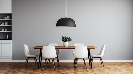 Modern Dining Space: Stylish Table with White Chairs, Sleek Lighting Fixture, and Minimalist Decor in a Bright and Airy Room.